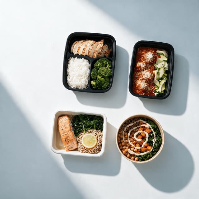 Four open meal prep containers spaced widely apart on a pure white background with a stack of nested empty trays at the edge