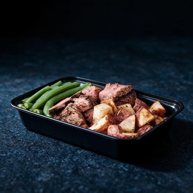 Sliced grilled steak with whole green beans and roasted red skin potatoes portioned into an open black meal prep container on dark blue slate
