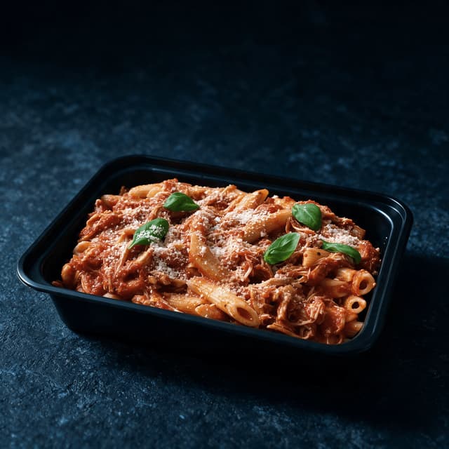 High protein penne pasta with shredded chicken in tomato sauce portioned into an open black meal prep container on dark wood