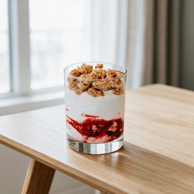 Layered yogurt, berry compote and granola breakfast pot in a clear glass container on a pale wood bench beside a bright window
