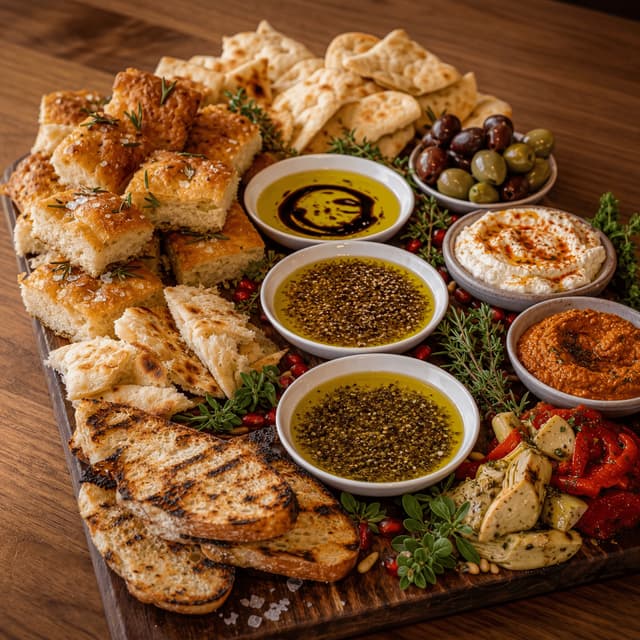 Focaccia olive oil dipping bread service balsamic dukkah warm cantina Mediterranean — olive oil bread card photography