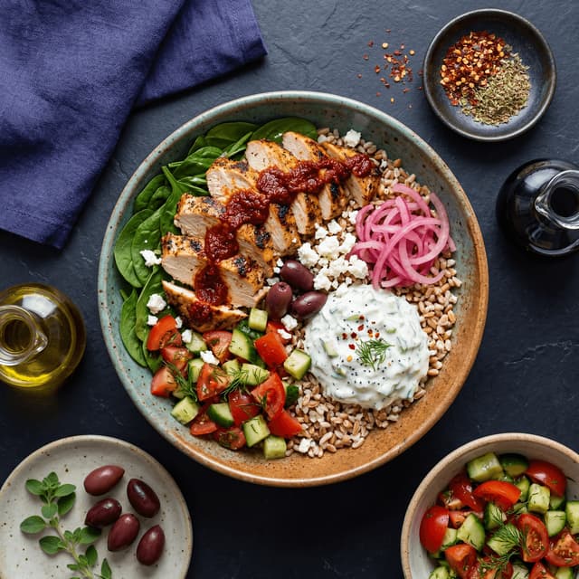 Mediterranean grain bowl quinoa chicken hummus toppings overhead marble — grain bowl hero photography