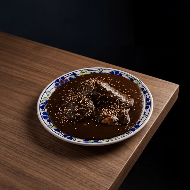 Oaxacan moles negro verde tlayuda dark talavera walnut dramatic — mole card photography