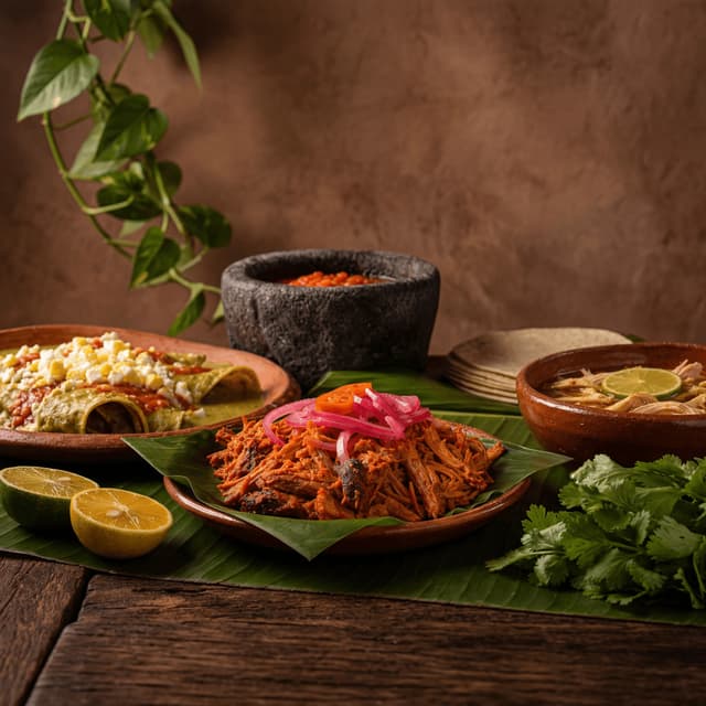 Yucatan cochinita pibil papadzules sopa de lima banana leaf rustic dark — yucatan card photography
