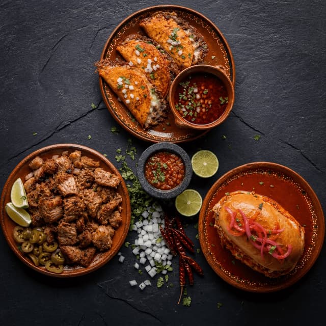 Jalisco birria quesatacos consomme carnitas torta ahogada overhead slate — birria card photography