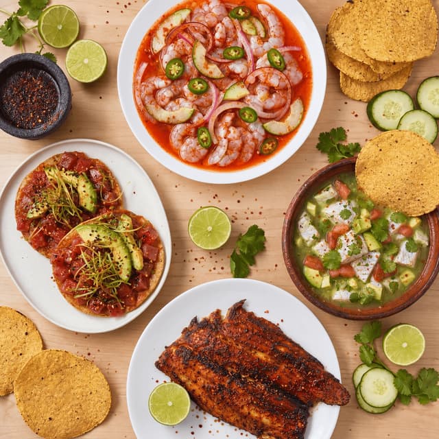 Mexican mariscos aguachile tostada atun ceviche pescado overhead light wood — mariscos card photography