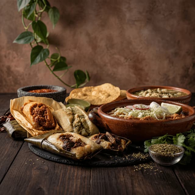 Mexican tamales banana leaf corn husk pozole rojo verde dark monolith — tamales card photography