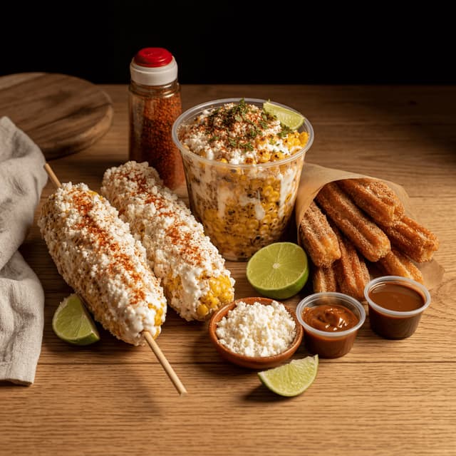 Mexican street corn esquites elote churros chile lime cotija cozy warm wood — antojitos card photography