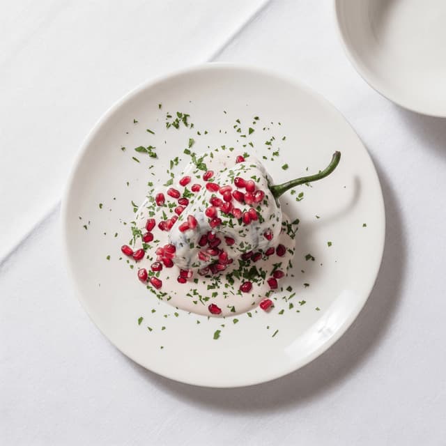 Chiles en nogada stuffed poblano walnut cream sauce pomegranate parsley plate — chiles en nogada hero photography