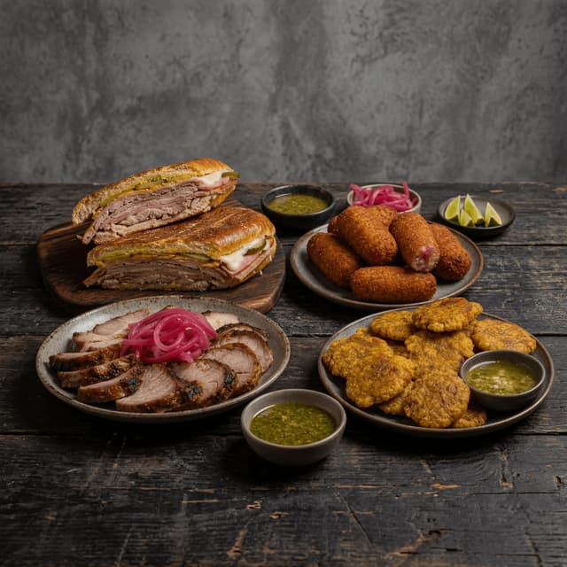 Cuban classics cubano medianoche ropa vieja lechon tostones dark walnut miami — cuban card photography