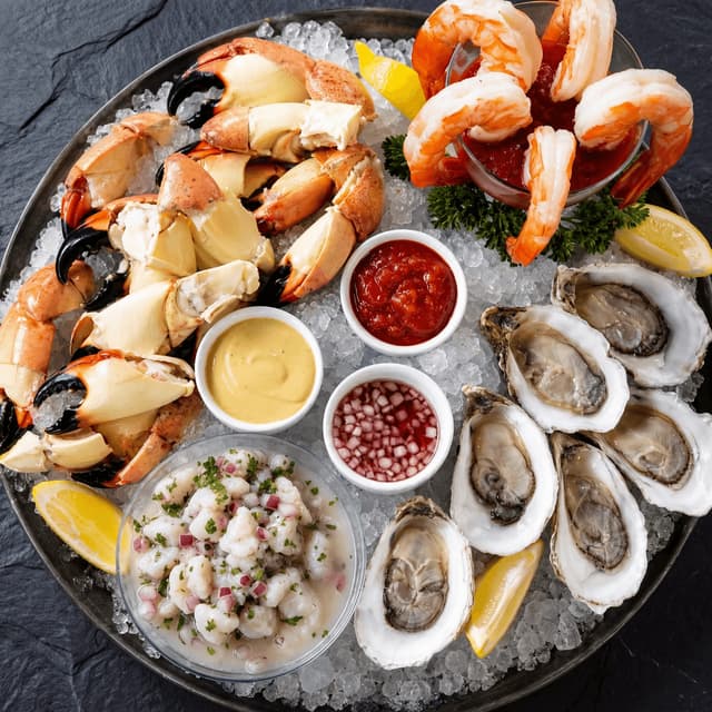 Miami stone crab raw bar oysters ceviche shrimp cocktail ice overhead slate — raw bar card photography