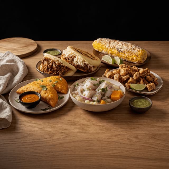 Miami latin street food ceviche arepas empanadas elote chicharron cozy warm wood — latin street card photography