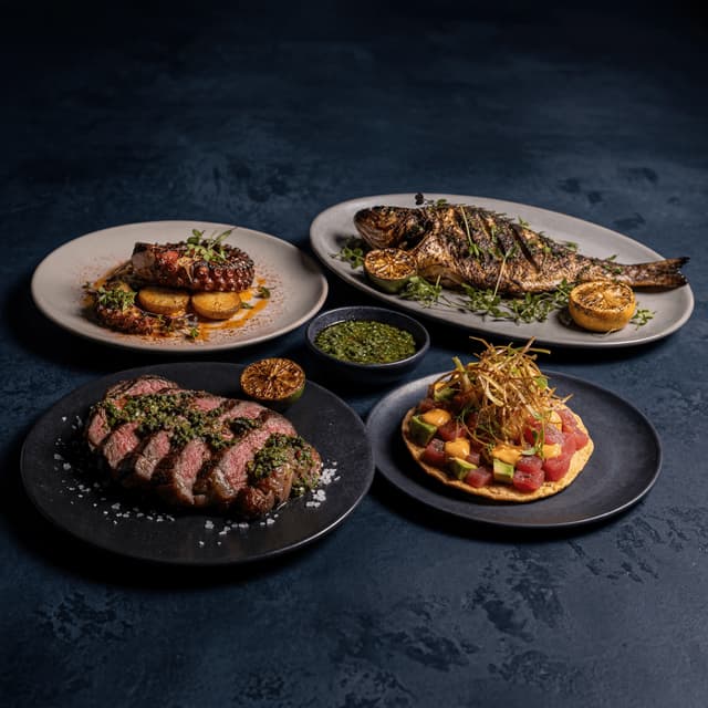 Miami brickell rooftop fine dining wagyu whole fish tuna tostada elevated plates dark monolith — fine dining card photography