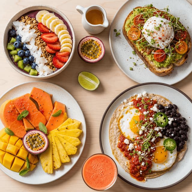 Miami beachside brunch acai bowl avocado toast tropical fruit huevos overhead light wood — brunch card photography