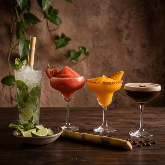 Miami mojitos craft cocktails daiquiri mango margarita espresso martini rooftop dark rustic — cocktails card photography