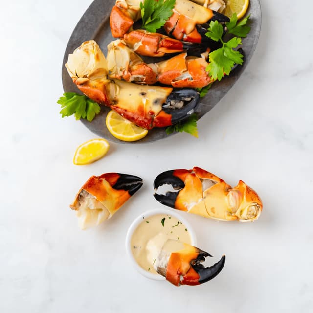 Stone crab claws chilled cracked mustard sauce lemon ice platter miami — stone crab hero photography