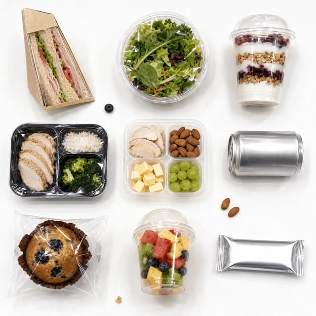 Overhead three by three grid of nine unbranded packaged retail items evenly spaced on white