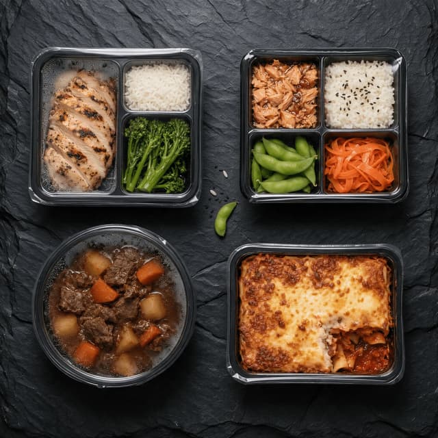 Overhead spread of four sealed ready meal trays and bento boxes on dark slate