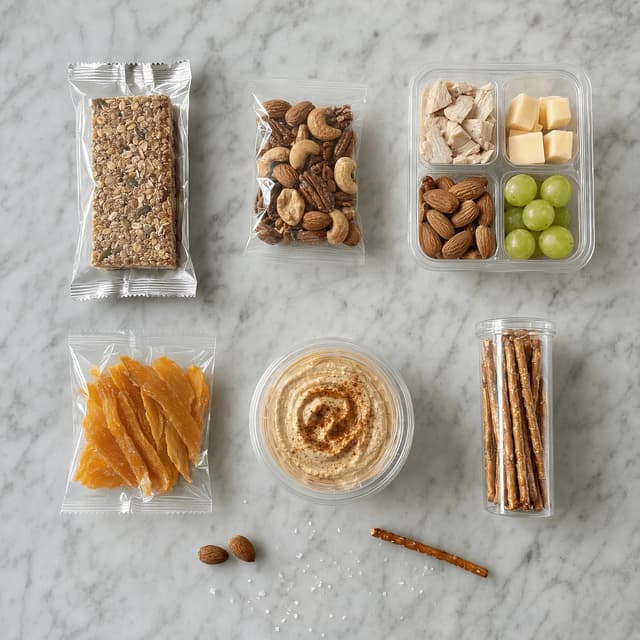 Overhead spread of six unbranded snack packs bars nut pouches and a protein tray on pale marble