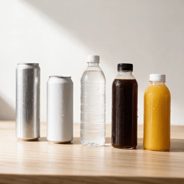 Row of five unbranded chilled drink cans bottles and cartons with condensation on a clean sweep