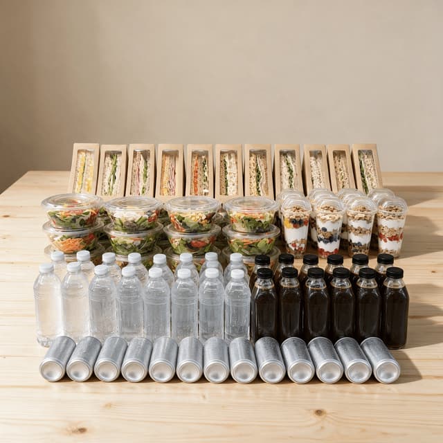 Full micro market planogram set of unbranded sandwich packs salad bowls parfait cups bottles and cans