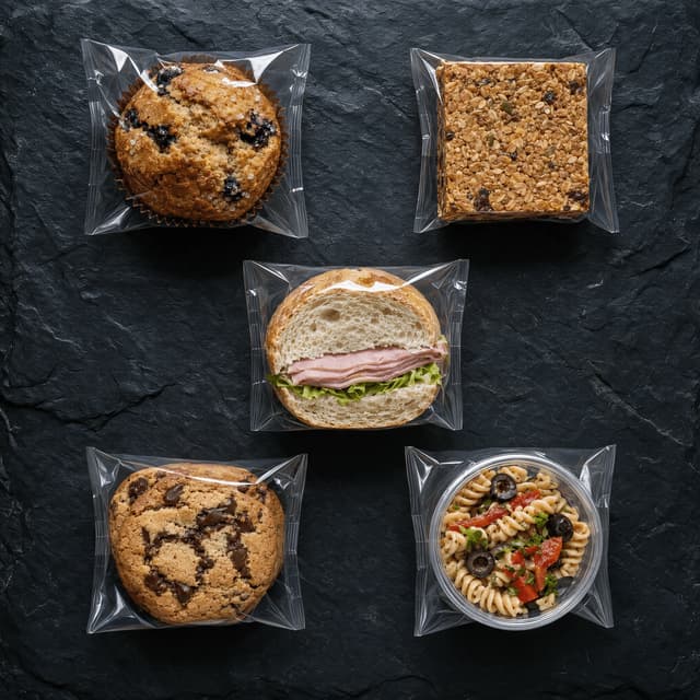 Overhead spread of five small batch local bakery and deli items in plain clear film wrap