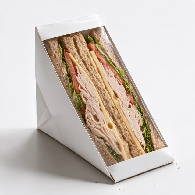 Single pre-packed turkey and cheese sandwich wedge in a clear-fronted carton on a plain grey sweep
