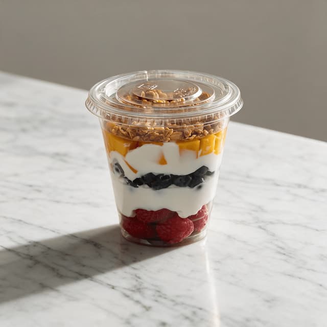 Single layered yoghurt, granola and berry parfait in a clear domed-lid cup on a pale marble counter