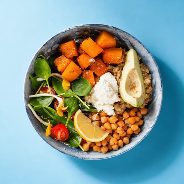 Roasted squash, chickpea and avocado quinoa bowl on pastel blue — micro market food photography