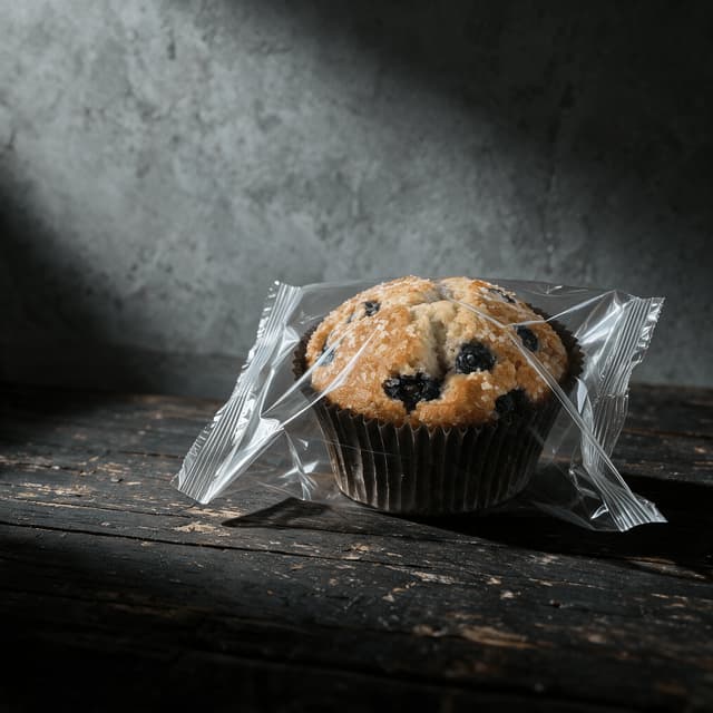 Single large blueberry muffin sealed in clear film wrap on a dark weathered wood counter