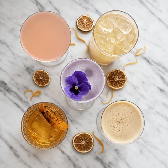 Five different signature cocktails in varied glassware shot from directly above on white marble