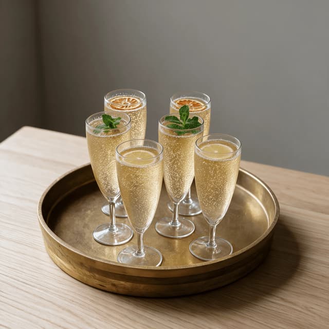 Six sparkling welcome drinks in stemmed flutes on a round brass tray with citrus and mint garnishes