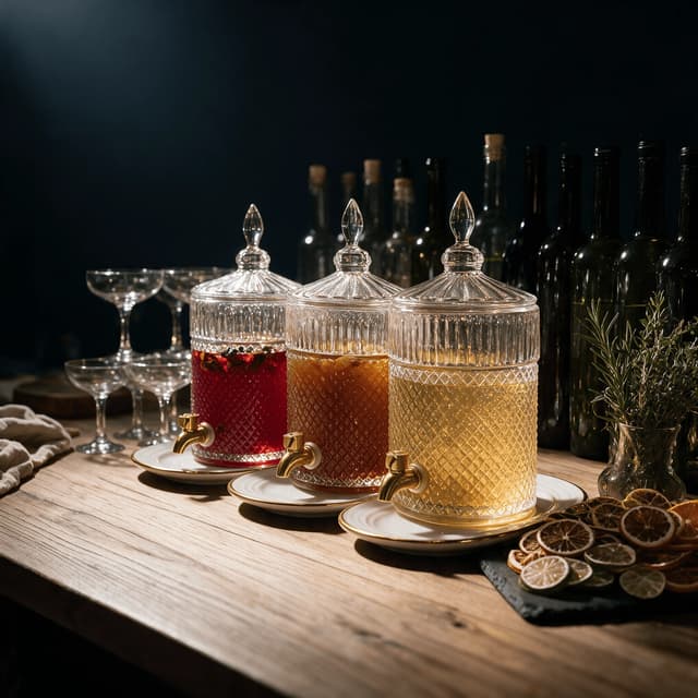 Three cut glass batch cocktail dispensers with brass taps on a timber event bar counter with blank bottles behind