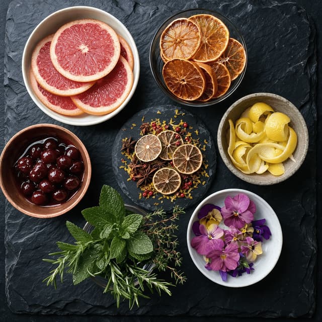 Overhead garnish station with small bowls of citrus wheels, dried fruit, herbs and edible flowers
