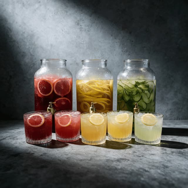 Three glass batch cocktail dispensers with brass taps beside a row of filled tumblers on a concrete surface