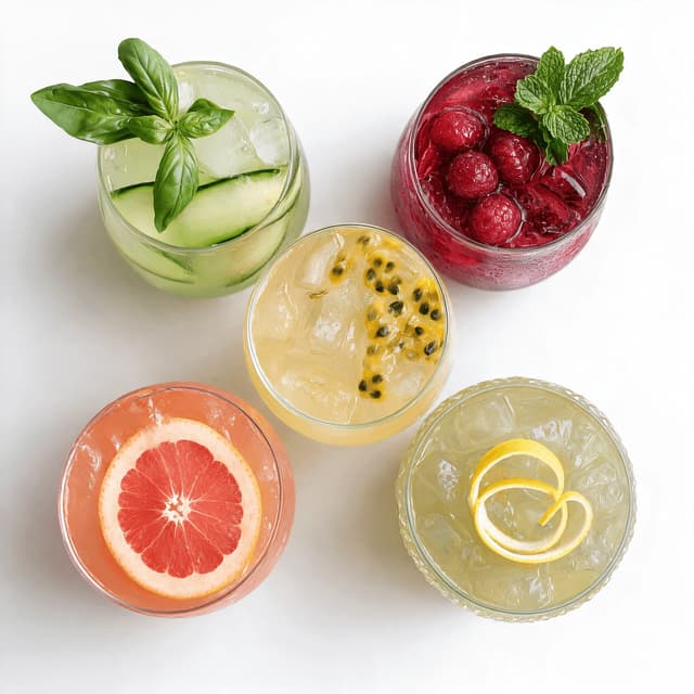 Five colourful alcohol free mocktails in varied glasses shot from above on a white surface