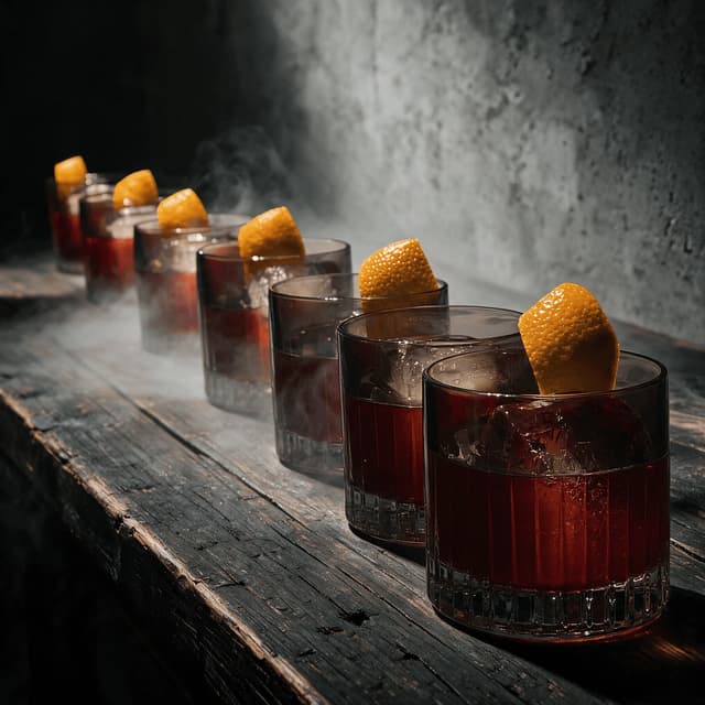 A row of identical dark red cocktails in matching tumblers with orange twists on a timber counter in drifting smoke