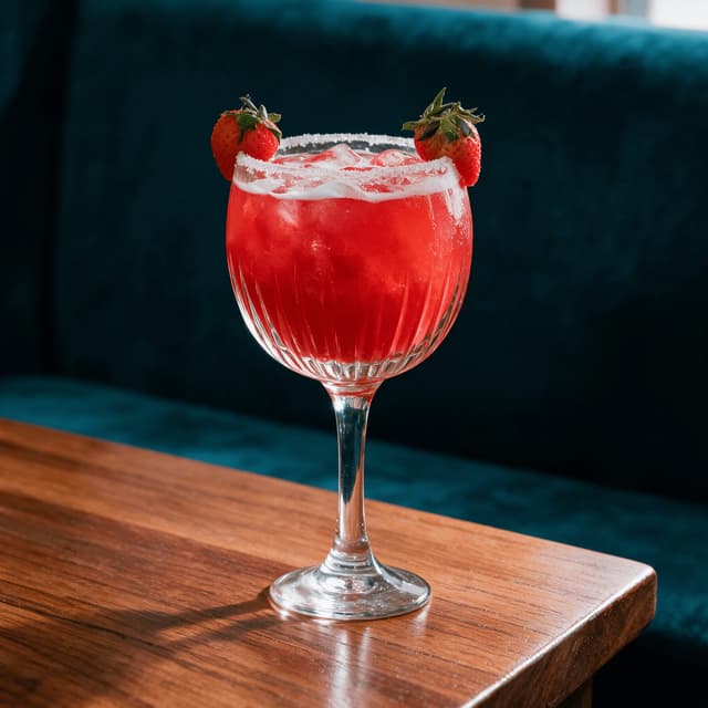 Bright red strawberry cocktail in a fluted stemmed glass with a sugared rim and two fresh strawberries