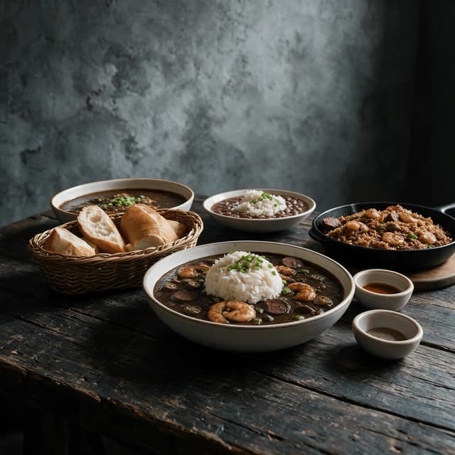 New orleans creole spread seafood gumbo jambalaya red beans rice andouille cornbread dark wood — gumbo card photography