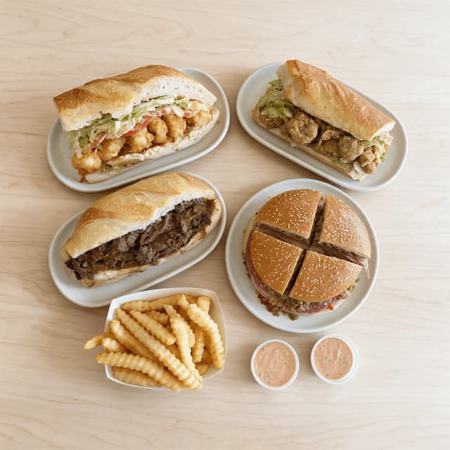 New orleans po boy muffuletta spread shrimp oyster roast beef debris sandwich olive salad overhead light wood — po boy card photography