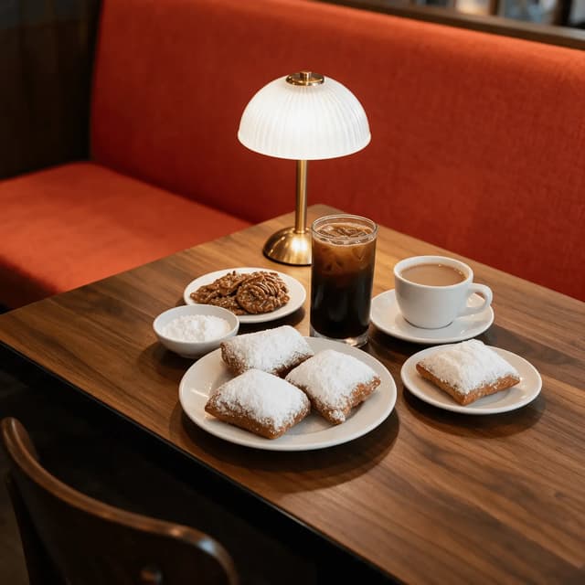 New orleans beignet cafe spread powdered sugar beignets cafe au lait chicory coffee pralines terracotta french quarter — beignet card photography