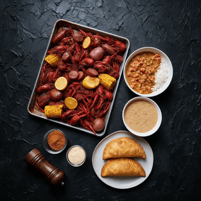 Louisiana crawfish spread boiled crawfish corn potatoes etouffee bisque crawfish pie overhead dark stucco — crawfish card photography