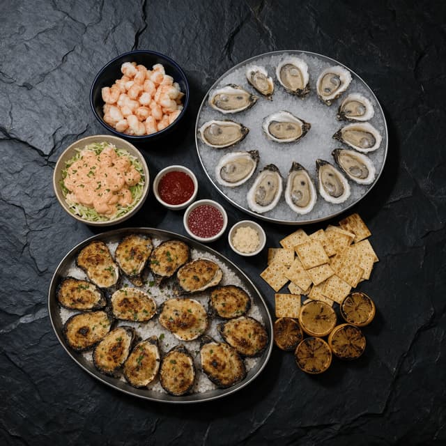 New orleans raw bar spread gulf oysters half shell chargrilled oysters shrimp remoulade crushed ice overhead dark slate — oyster card photography