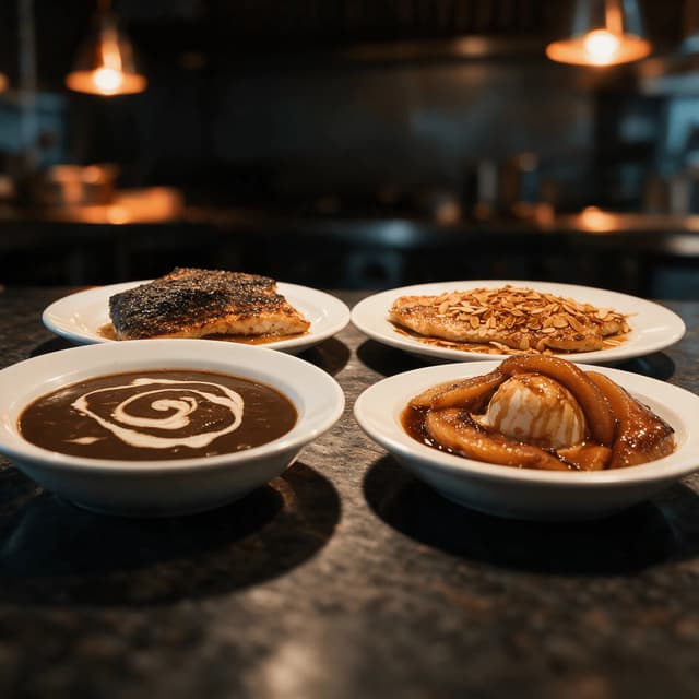 New orleans creole fine dining spread turtle soup blackened redfish trout amandine bananas foster kitchen pass garden district — fine dining card photography