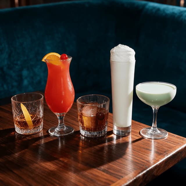 New orleans cocktail spread sazerac hurricane vieux carre ramos gin fizz grasshopper teal velvet french quarter — cocktail card photography