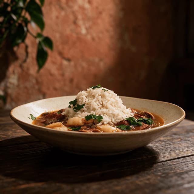 New orleans seafood gumbo roux broth shrimp andouille okra pressed rice mound parsley — gumbo hero photography