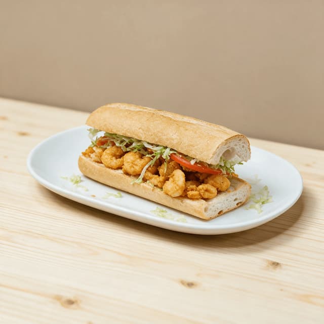 New orleans shrimp po boy crackly french bread fried gulf shrimp lettuce tomato remoulade — po boy hero photography