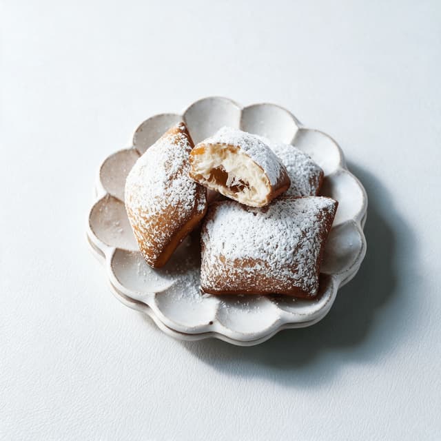 New orleans beignets thick powdered sugar drift square fried dough pillows torn open french quarter — beignets hero photography