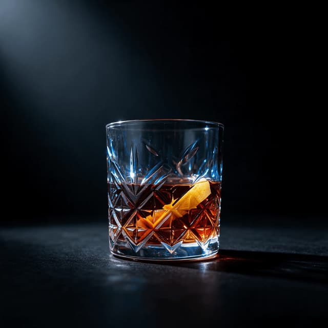 Sazerac cocktail rye whiskey neat amber cut crystal old fashioned glass lemon peel new orleans — sazerac hero photography