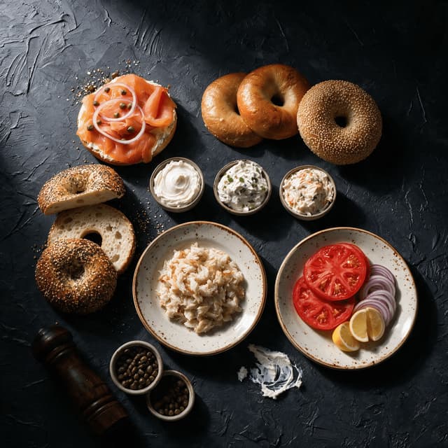 New york bagel spread lox bagel everything bagel cream cheese schmears whitefish salad capers red onion tomato overhead dark stucco — bagel card photography